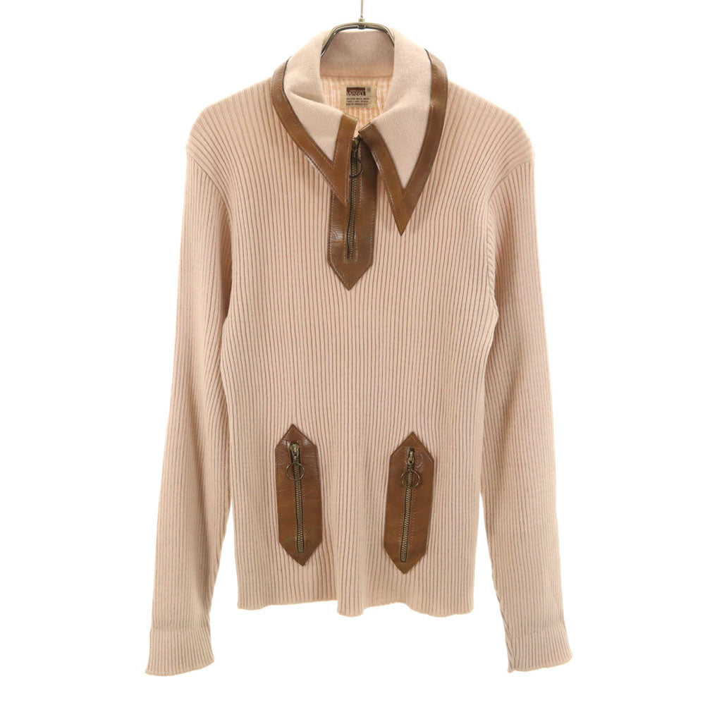 MONTGOMERY WARD モンゴメリーワード 70s ヴィンテージ タロンジップ 長袖 レザー切り替え セーター S ベージュ ニット レディース