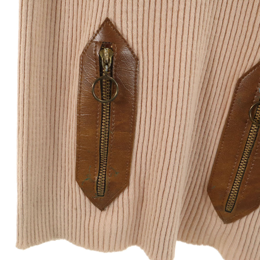 MONTGOMERY WARD モンゴメリーワード 70s ヴィンテージ タロンジップ 長袖 レザー切り替え セーター S ベージュ ニット レディース