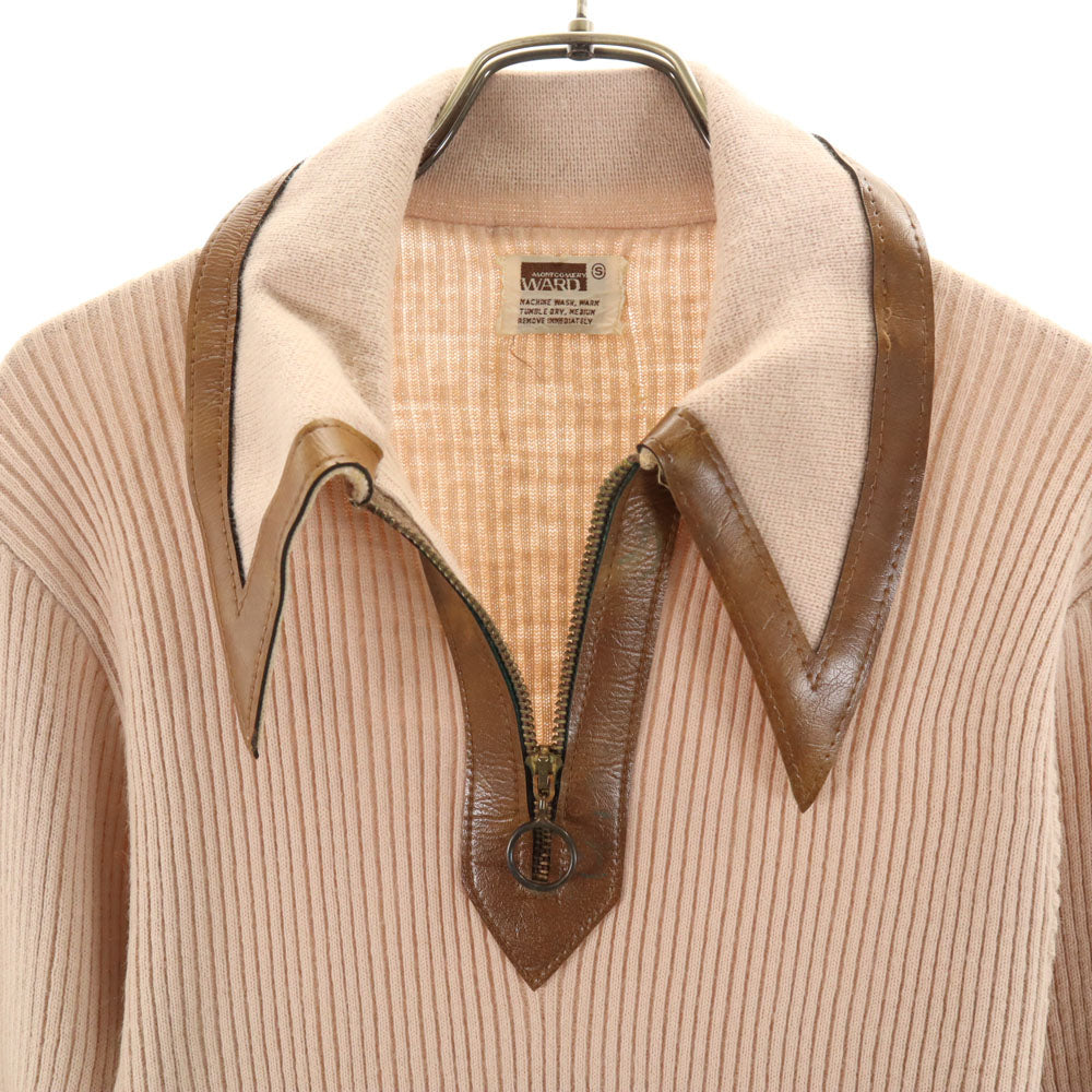 MONTGOMERY WARD モンゴメリーワード 70s ヴィンテージ タロンジップ 長袖 レザー切り替え セーター S ベージュ ニット レディース