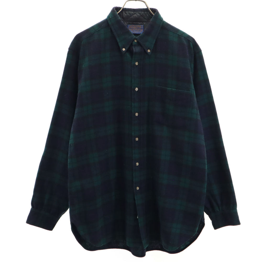 PENDLETON ペンドルトン 70s ヴィンテージ USA製 ウールブレンド チェック柄 長袖 ウールシャツ L グリーン×ネイビー メンズ