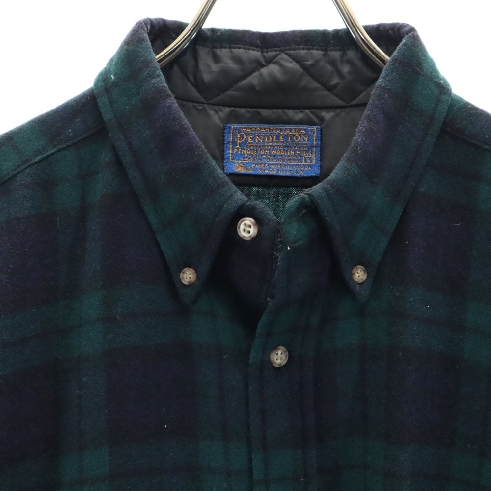 PENDLETON ペンドルトン 70s ヴィンテージ USA製 ウールブレンド チェック柄 長袖 ウールシャツ L グリーン×ネイビー メンズ