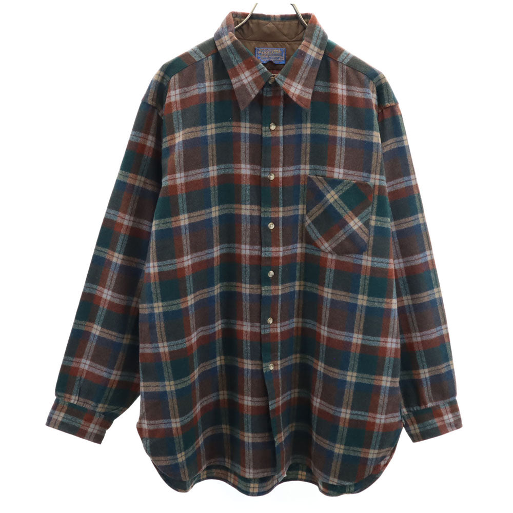 PENDLETON ペンドルトン 70s ヴィンテージ USA製 ウールブレンド チェック柄 長袖 衿芯 ウールシャツ XL ブラウン×グリーン メンズ