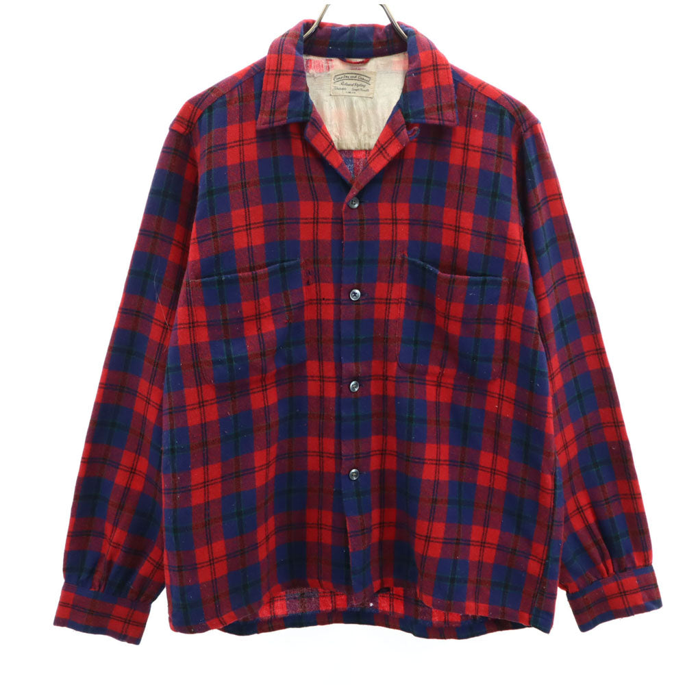 Country and Casual 60s ヴィンテージ ウールブレンド チェック柄 長袖 開襟 ウールシャツ 15M151/2 レッド×ブルー メンズ