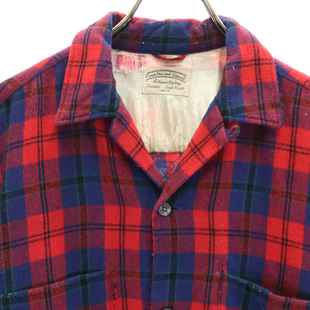 Country and Casual 60s ヴィンテージ ウールブレンド チェック柄 長袖 開襟 ウールシャツ 15M151/2 レッド×ブルー メンズ