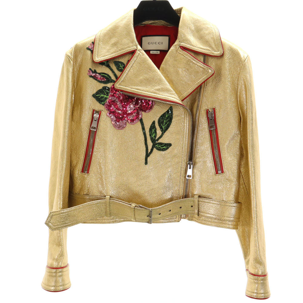 GUCCI グッチ 491948 イタリア製 ゴートレザー ダブルライダースジャケット 36 ゴールド スパンコール ショート丈 ハンガー 衣装カバー付き レディース