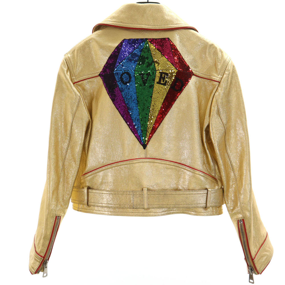 GUCCI グッチ 491948 イタリア製 ゴートレザー ダブルライダースジャケット 36 ゴールド スパンコール ショート丈 ハンガー 衣装カバー付き レディース