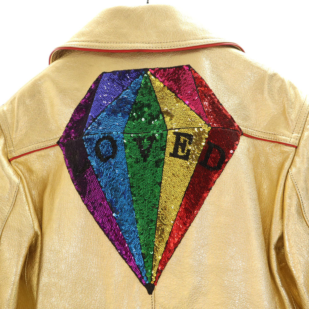 GUCCI グッチ 491948 イタリア製 ゴートレザー ダブルライダースジャケット 36 ゴールド スパンコール ショート丈 ハンガー 衣装カバー付き レディース