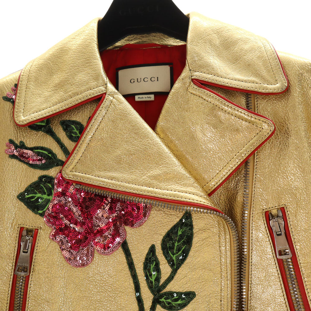 GUCCI グッチ 491948 イタリア製 ゴートレザー ダブルライダースジャケット 36 ゴールド スパンコール ショート丈 ハンガー 衣装カバー付き レディース