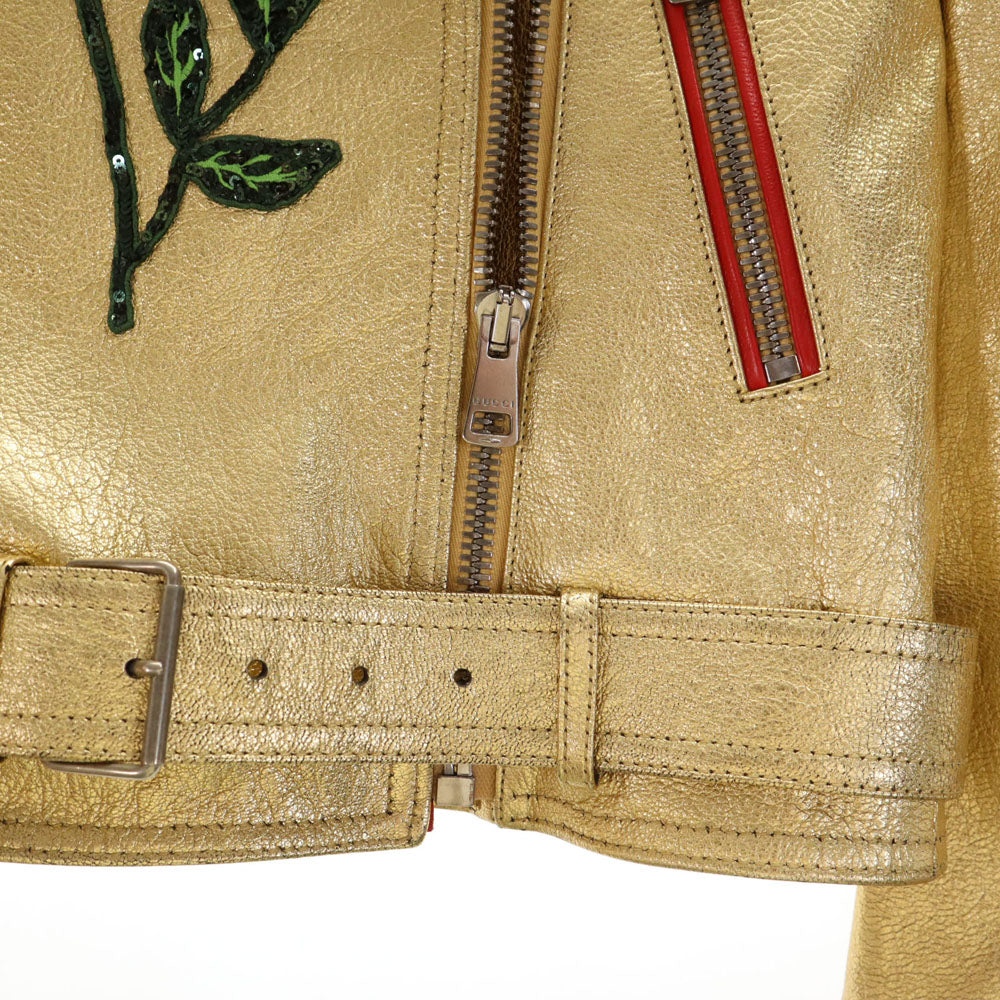 GUCCI グッチ 491948 イタリア製 ゴートレザー ダブルライダースジャケット 36 ゴールド スパンコール ショート丈 ハンガー 衣装カバー付き レディース