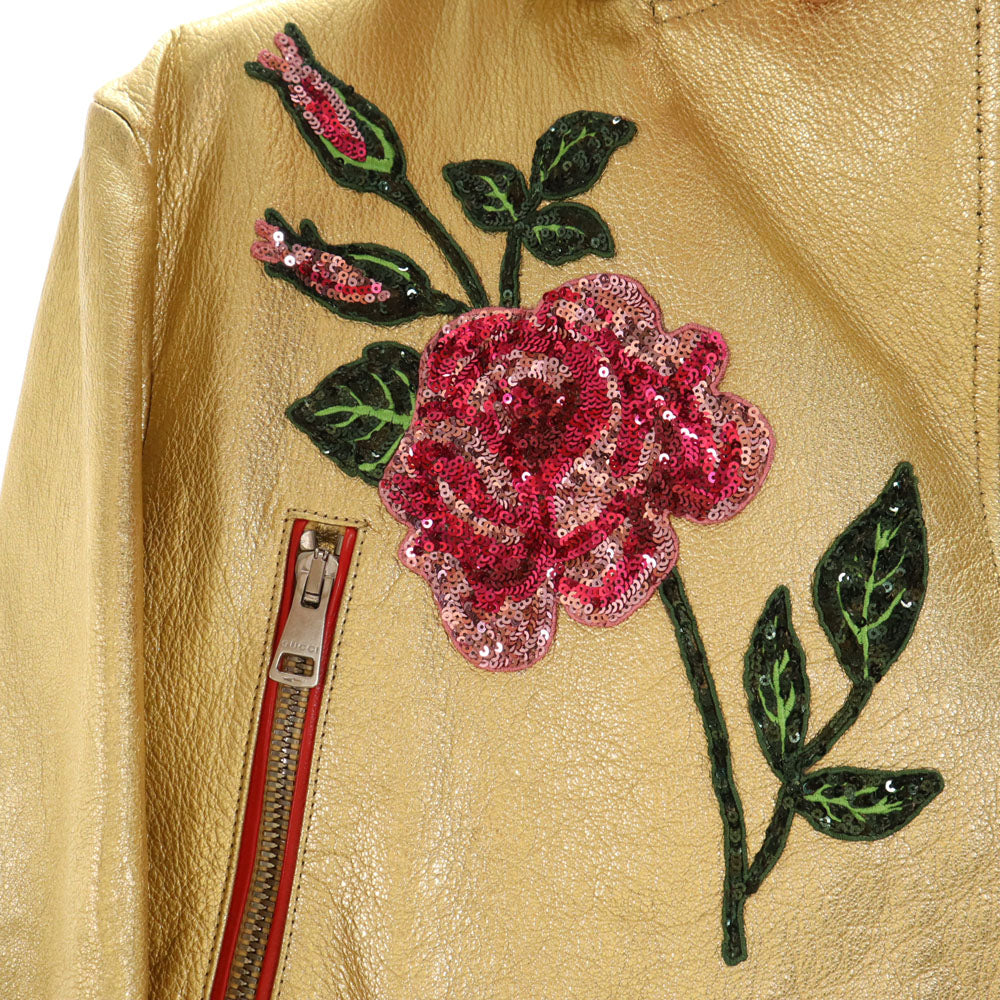 GUCCI グッチ 491948 イタリア製 ゴートレザー ダブルライダースジャケット 36 ゴールド スパンコール ショート丈 ハンガー 衣装カバー付き レディース