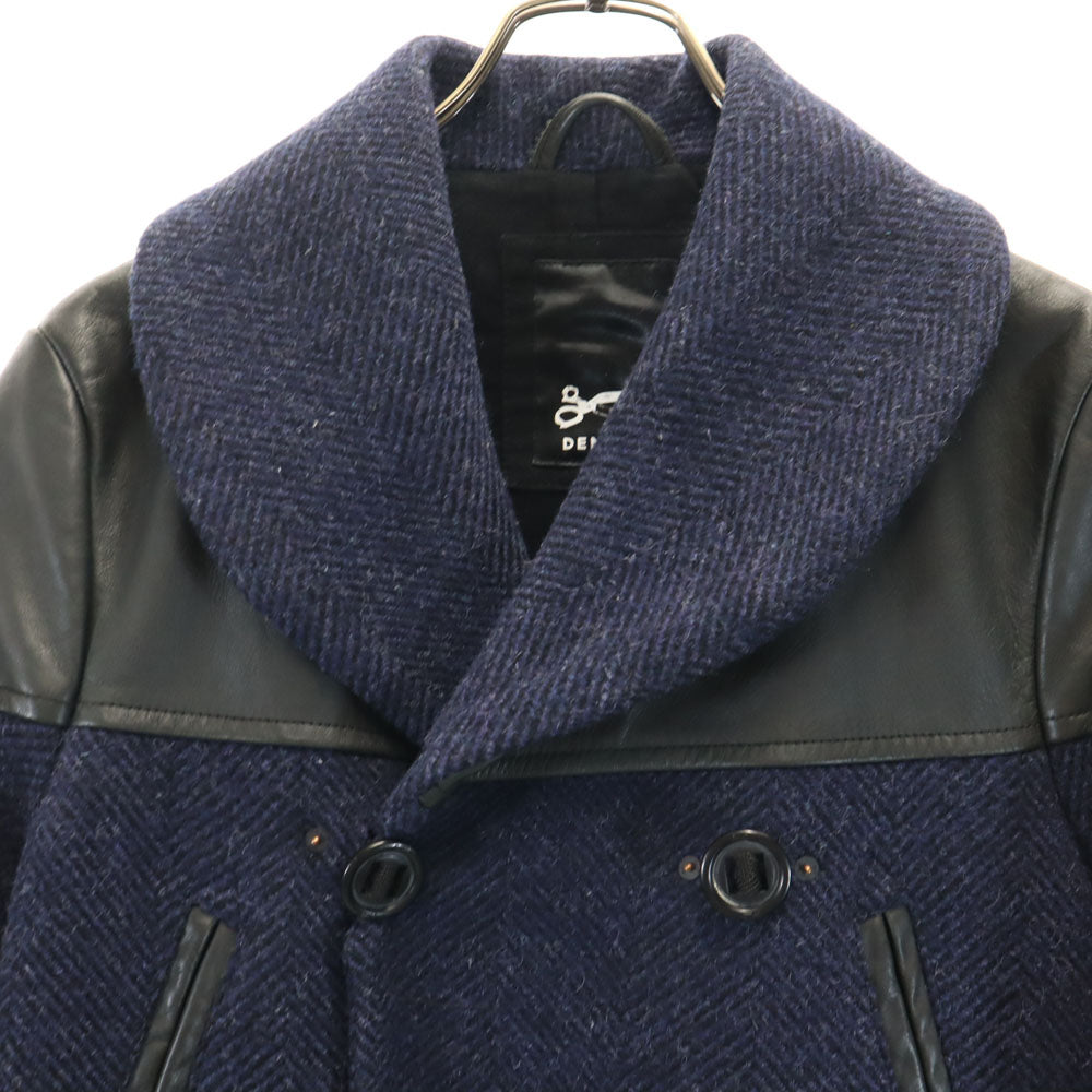 DENHAM デンハム CAGNEY FBH ウールレザー切替 ピーコート ネイビー×ブラック メンズ