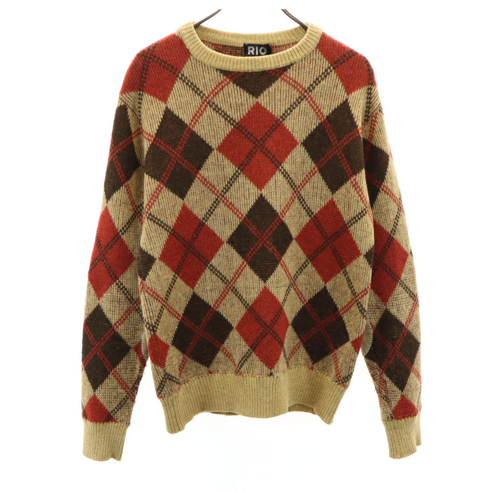 Rio リオ 90s 80s オールド アーガイル柄 長袖 エルボーパッチ セーター M レッド×オクター ニット メンズ