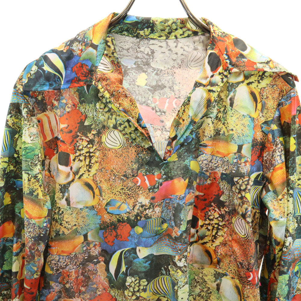 VINTAGE ヴィンテージ 70s 転写 フィッシュ柄 長袖 スキッパーカラー シャツ メンズ