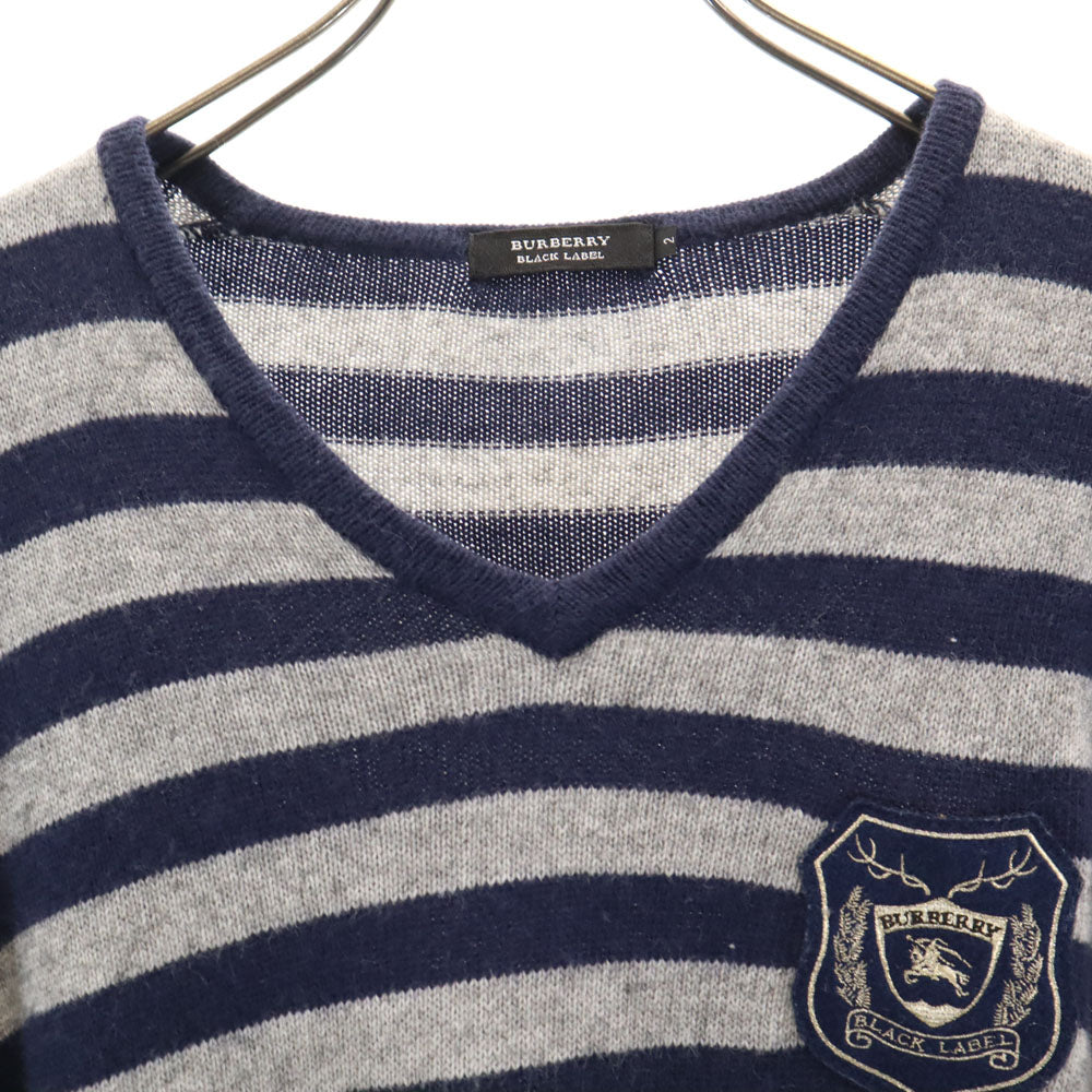 BURBERRY BLACK LABEL バーバリーブラックレーベル 三陽商会 ボーダー柄 長袖 ウールブレンド セーター 2 グレー/ネイビー ニット メンズ
