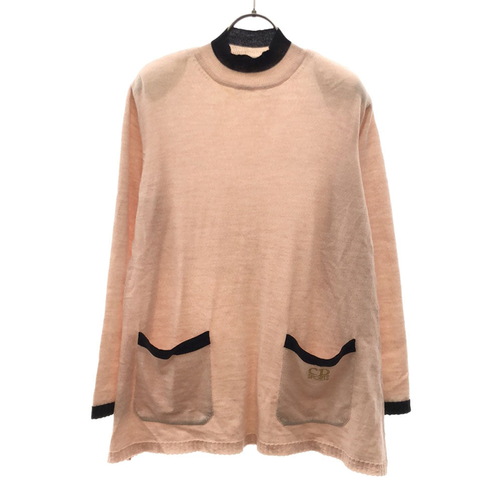 Christian Dior SPORTS クリスチャンディオール スポーツ 90s ウール オールド 長袖 ハイネック Aライン ニット M サーモンピンク×ブラック セーター レディース