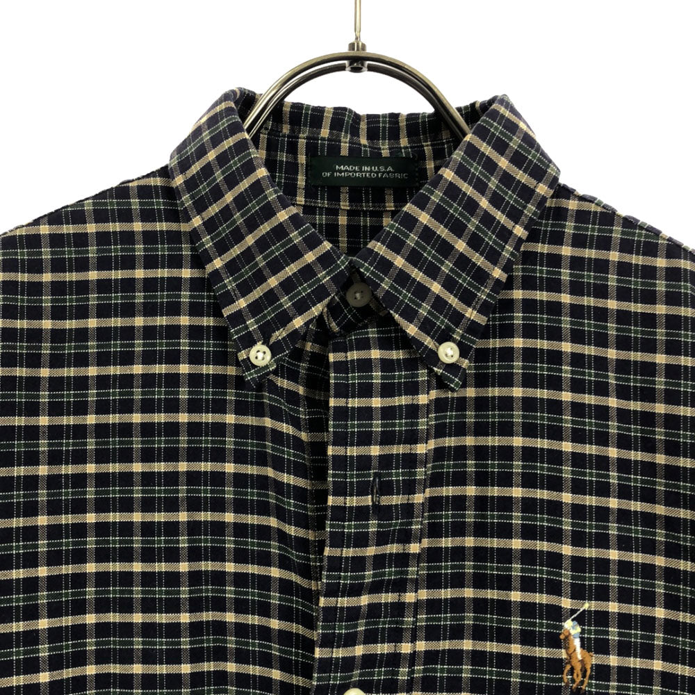 Polo by Ralph Lauren ポロバイラルフローレン 80s USA製 ヴィンテージ ボーイズ規格 緑タグ チェック柄 長袖 ボタンダウンシャツ L ネイビー系 メンズ
