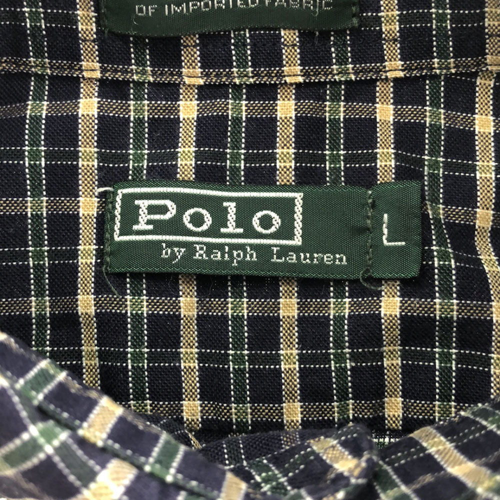 Polo by Ralph Lauren ポロバイラルフローレン 80s USA製 ヴィンテージ ボーイズ規格 緑タグ チェック柄 長袖 ボタンダウンシャツ L ネイビー系 メンズ