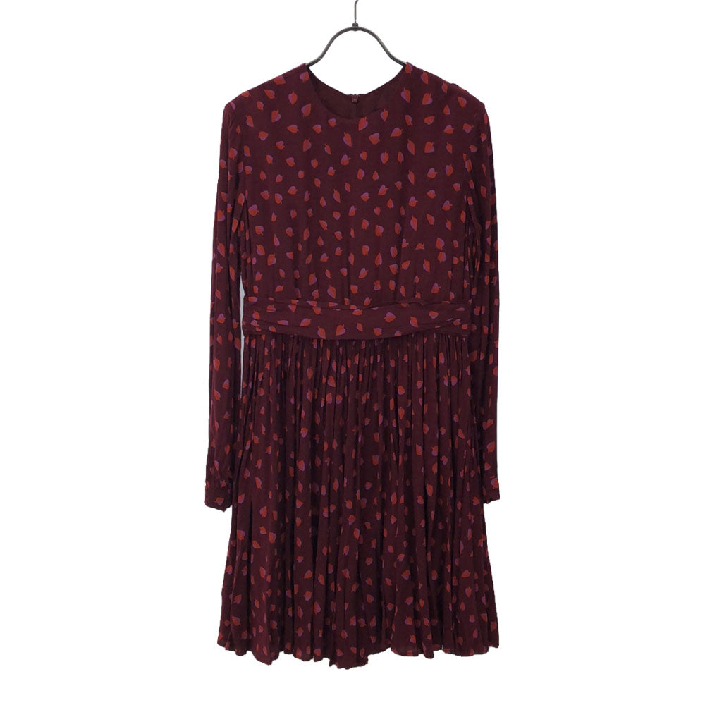 KAREN WALKER カレンウォーカー リーフ柄 長袖 膝丈ワンピース 2 レッド系 レディース