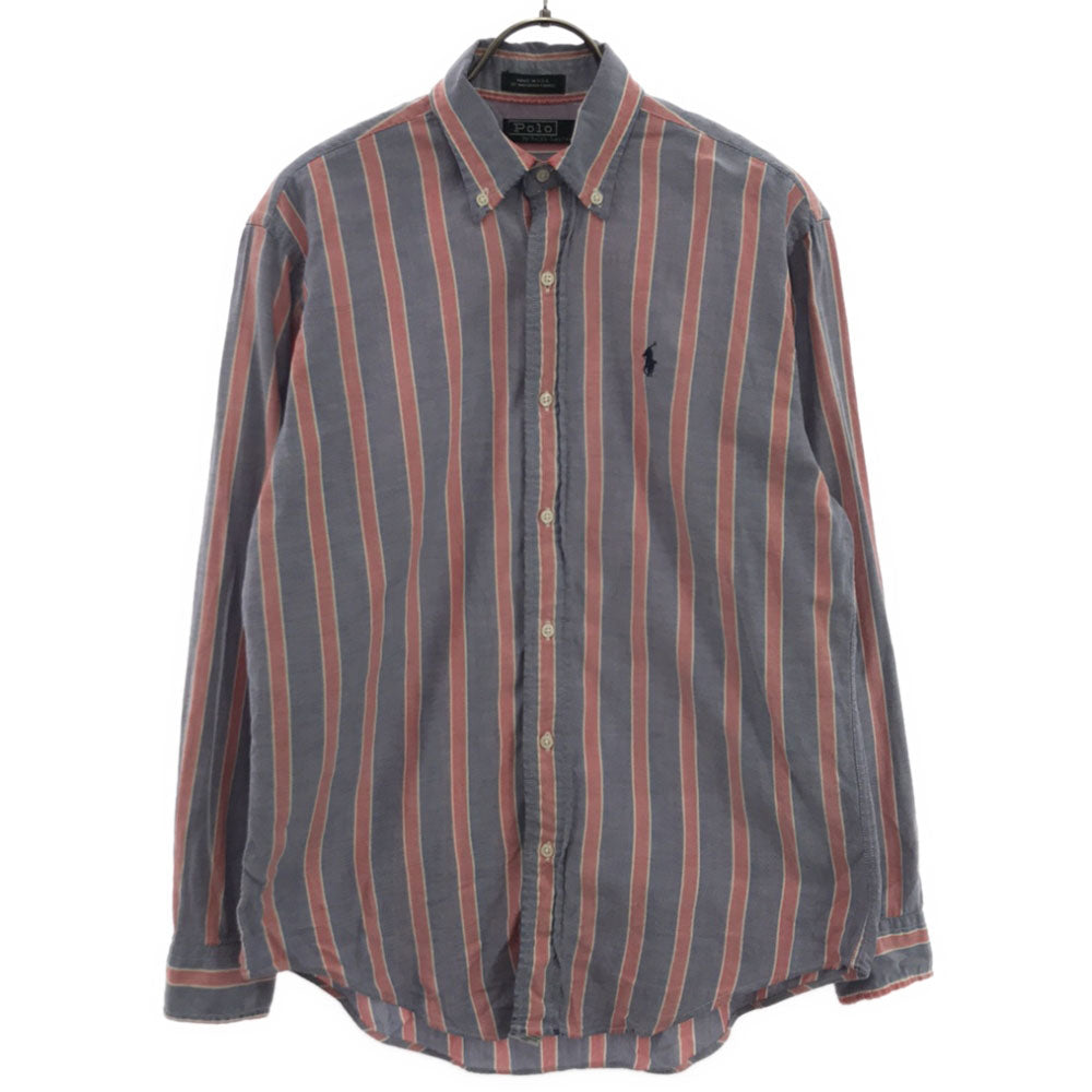 Polo by Ralph Lauren ポロバイラルフローレン 80s USA製 ヴィンテージ 緑タグ ボーイズ ストライプ ロゴ刺繍 長袖 ボタンダウンシャツ L ブルー×レッド メンズ