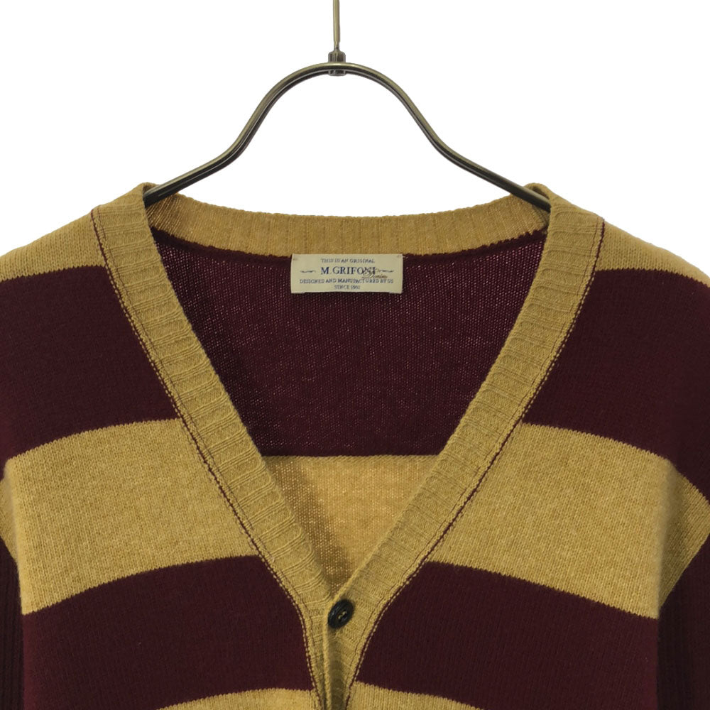 M.GRIFONI エムグリフォーニ イタリア製 ウール ボーダー柄 長袖 ニットカーディガン 50 ベージュ系×レッド系 メンズ