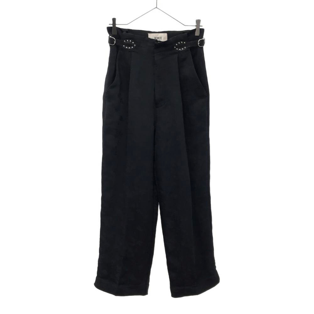 ポンティ 花柄刺繍 ワンタック ストレートパンツ 2 ネイビー スタッズベルト レディース