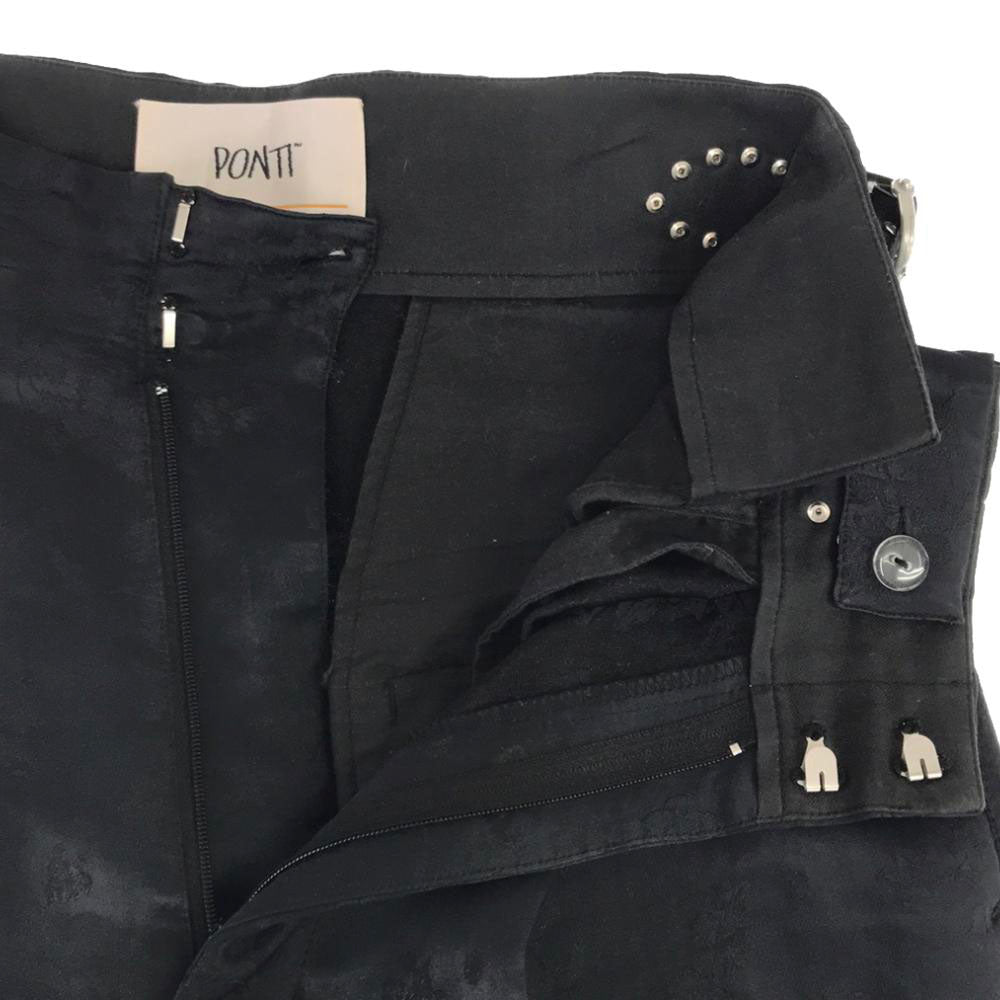 ポンティ 花柄刺繍 ワンタック ストレートパンツ 2 ネイビー スタッズベルト レディース