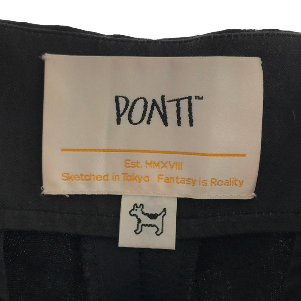 ポンティ 花柄刺繍 ワンタック ストレートパンツ 2 ネイビー スタッズベルト レディース