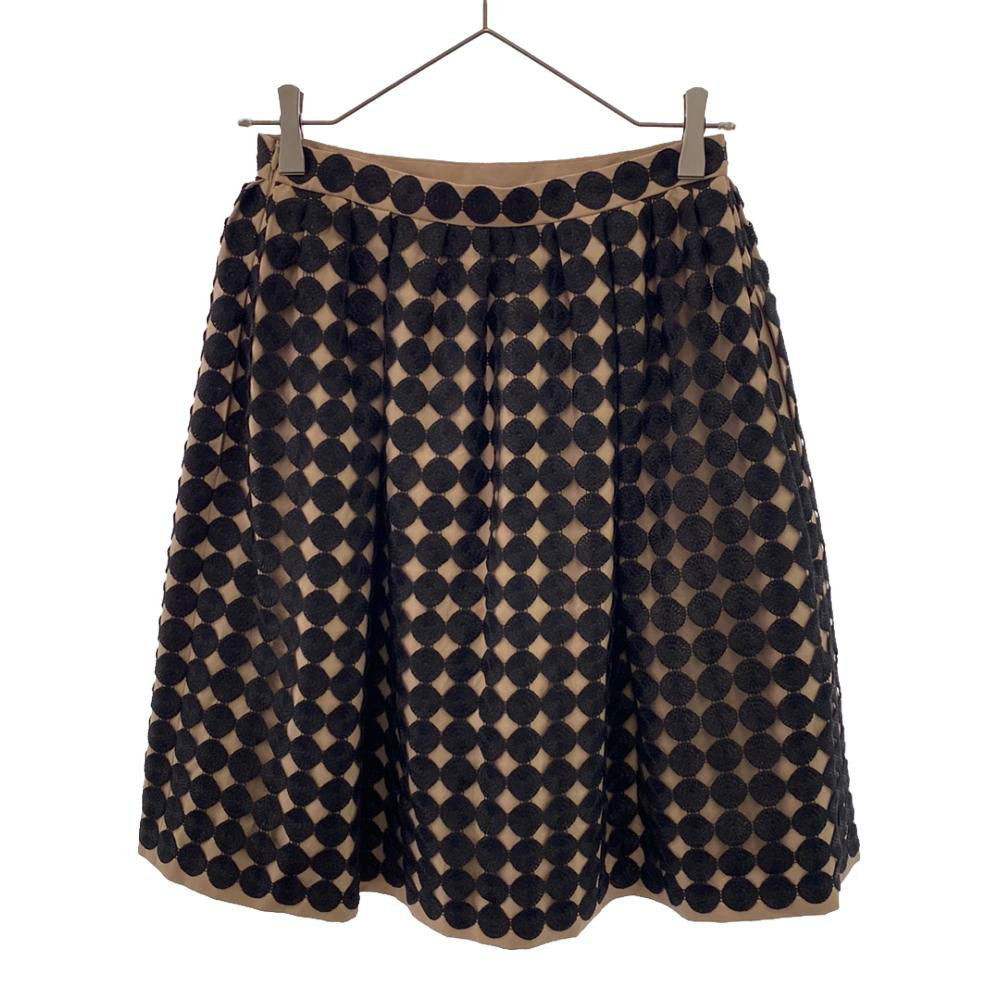 PAULE KA ポールカ ドット刺繍 ミディ丈 フレアスカート 36 ベージュ×ブラック サイドジップ レディース