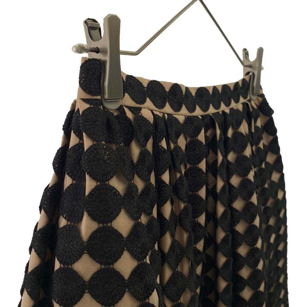 PAULE KA ポールカ ドット刺繍 ミディ丈 フレアスカート 36 ベージュ×ブラック サイドジップ レディース