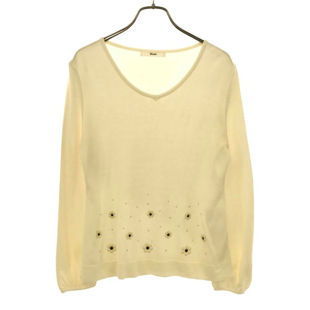 Rene ルネ 日本製 長袖 バルーン袖 Vネック セーター 36 ホワイト系 ニット ビジュー レディース
