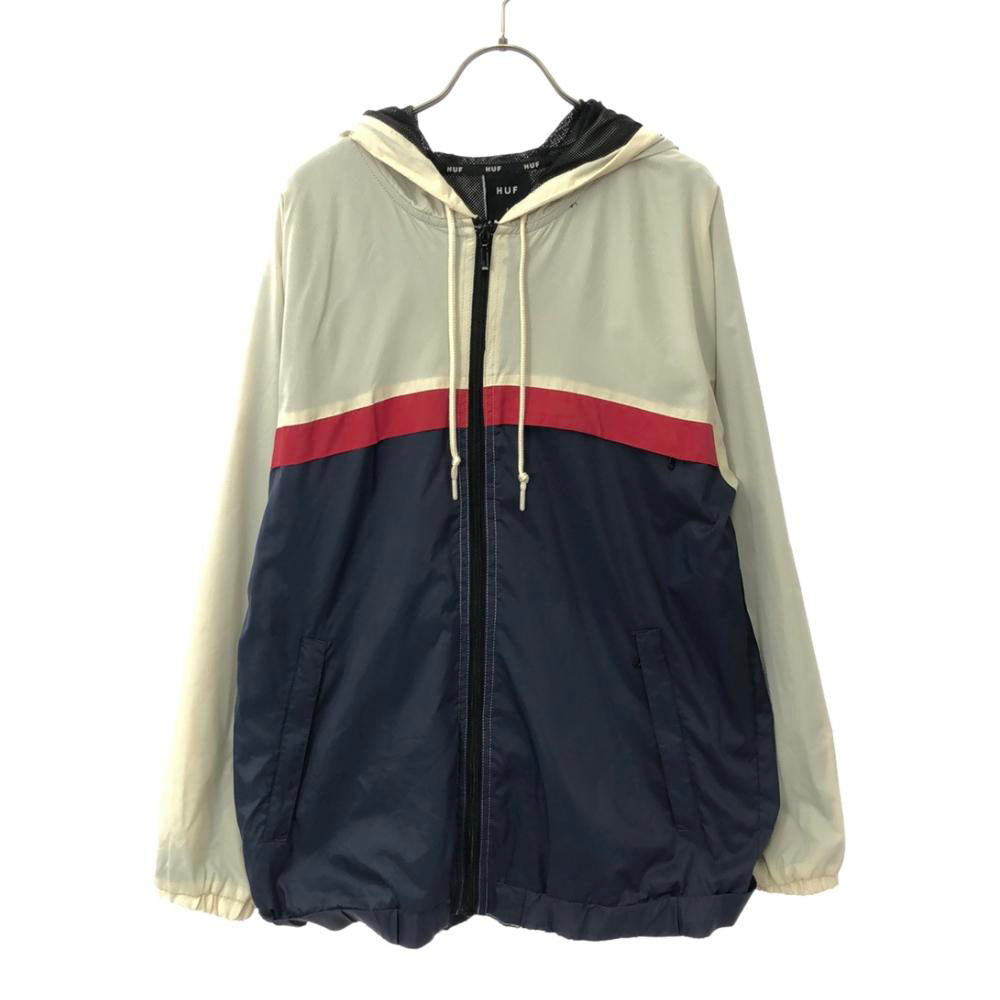 HUF ハフ ナイロンジャケット L ネイビー×オフホワイト リップストップ 裏メッシュ メンズ