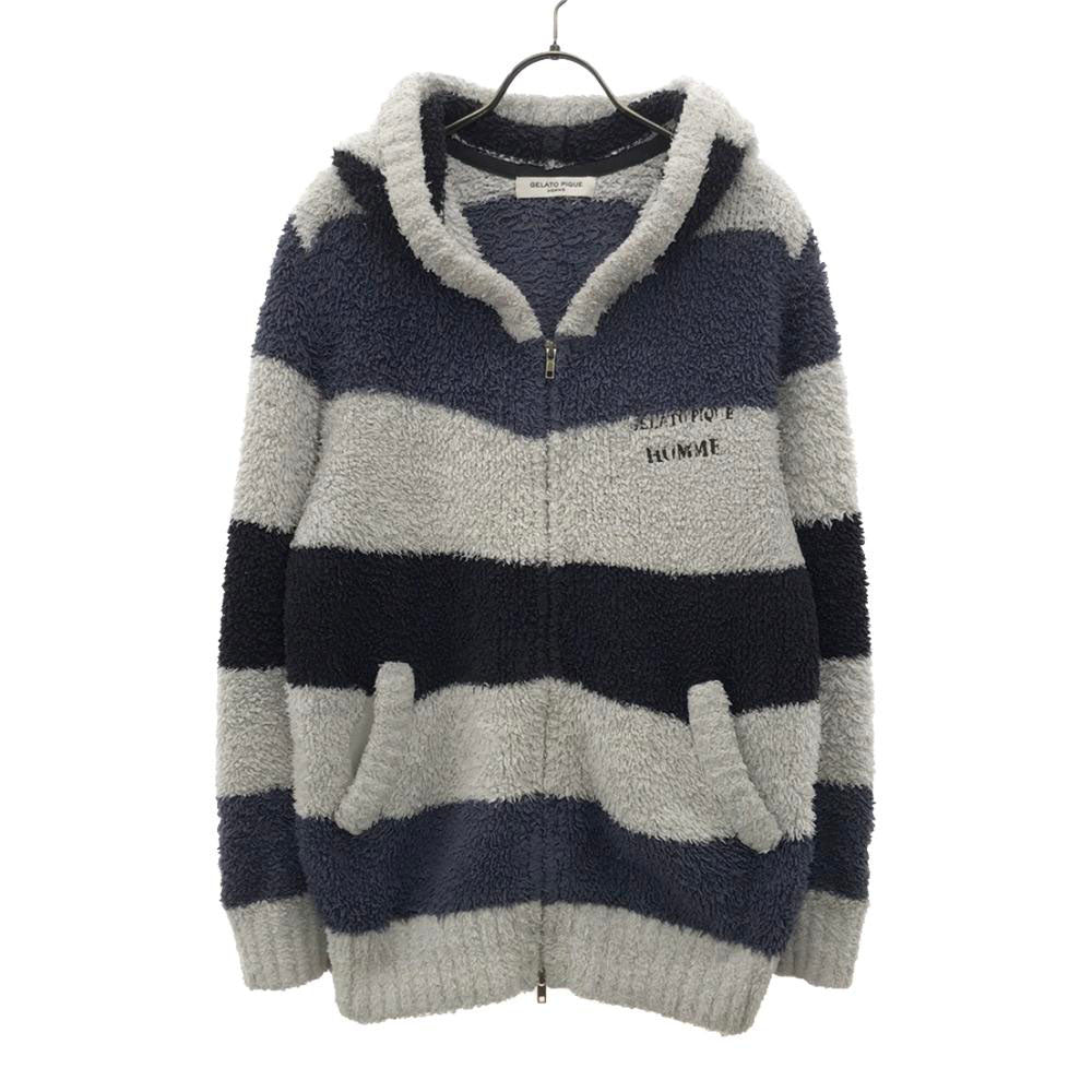 ジェラートピケ オム ボーダー柄 長袖 ジップパーカー ルームウェア M グレー系 GELATO PIQUE HOMME ジェラピケ ふわもこ ボア メンズ
