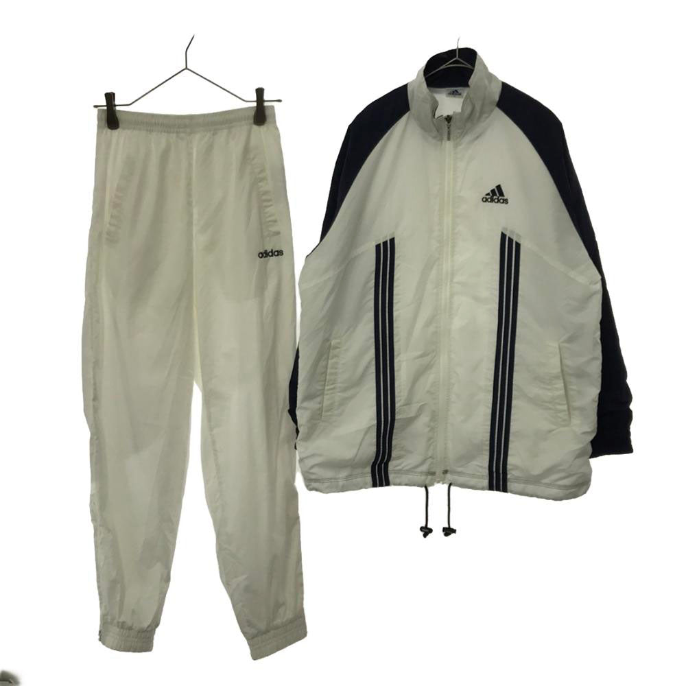 アディダス 90s 日本製 デサント製 オールド 3ライン トレーニング ウィンドブレーカー 上下 セットアップ S ホワイト×ネイビー adidas パンツ裾ジップ ウォームアップ メンズ