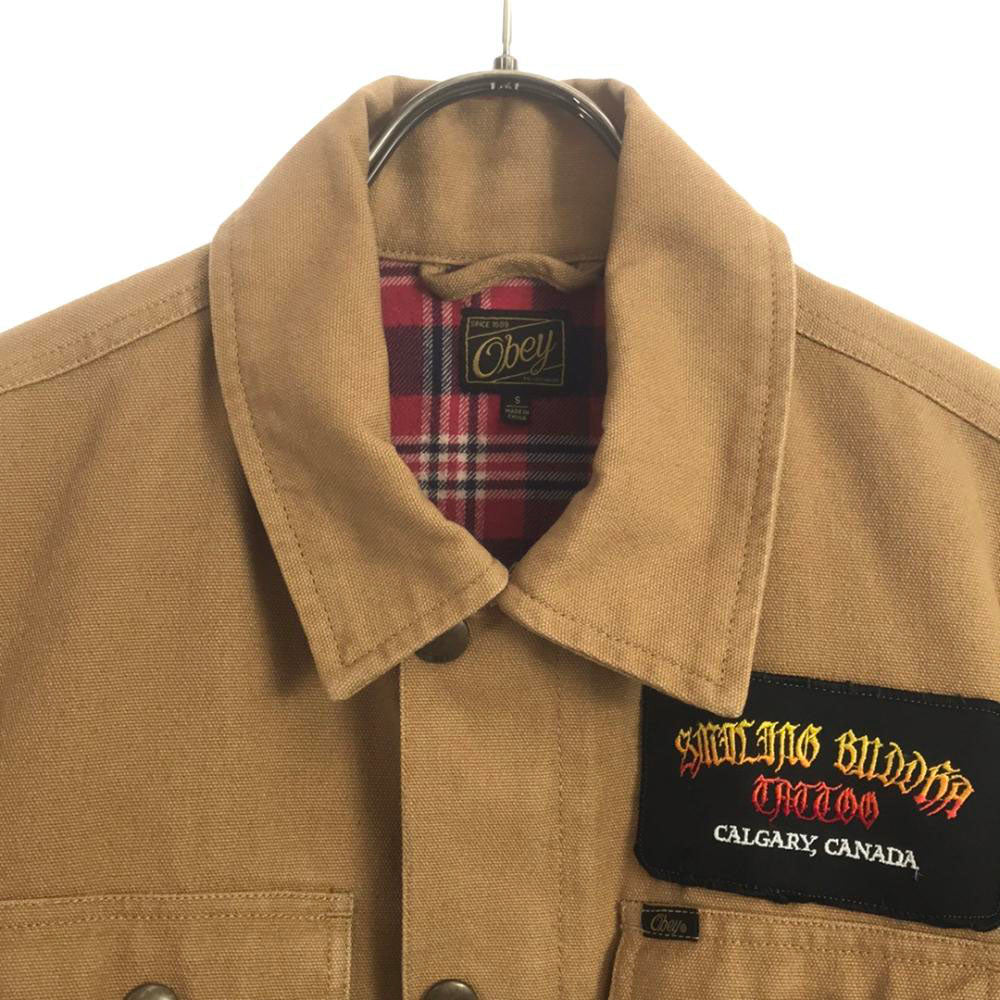 OBEY オベイ ロゴワッペン コットンジャケット S ベージュ 裏チェック メンズ