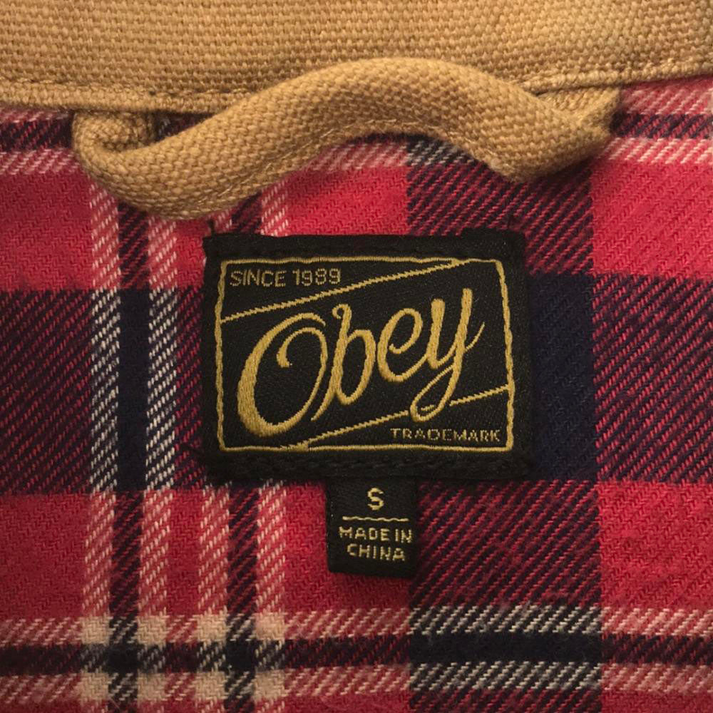 OBEY オベイ ロゴワッペン コットンジャケット S ベージュ 裏チェック メンズ