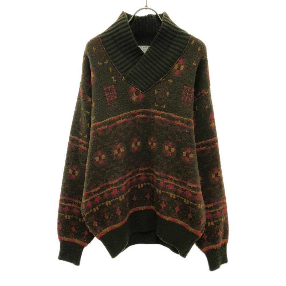 ランバン スタジオ 90s ウール オールド 総柄 長袖 ニット 48 カーキ系 セーター メンズ