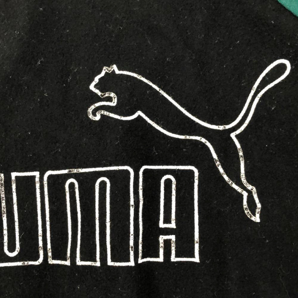 PUMA プーマ 90s オールド ヒットユニオン ロゴ刺繍 ウールブレンド スタジャン 150 ブラック×グリーン バック刺繍 キッズ