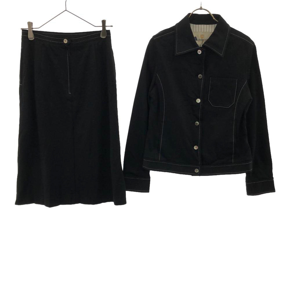 Aquascutum アクアスキュータム 日本製 ステッチ入り スカートスーツ 上下 セットアップ 11 ブラック ストレッチ入り スカート後ジップ レディース