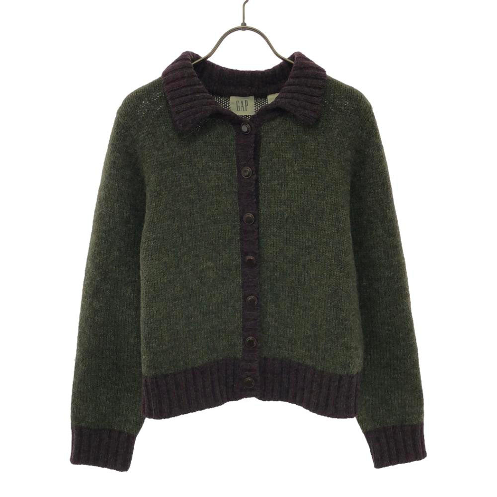 GAP ギャップ 90s ウール オールド 衿付き ニットカーディガン M グリーン×パープル レディース