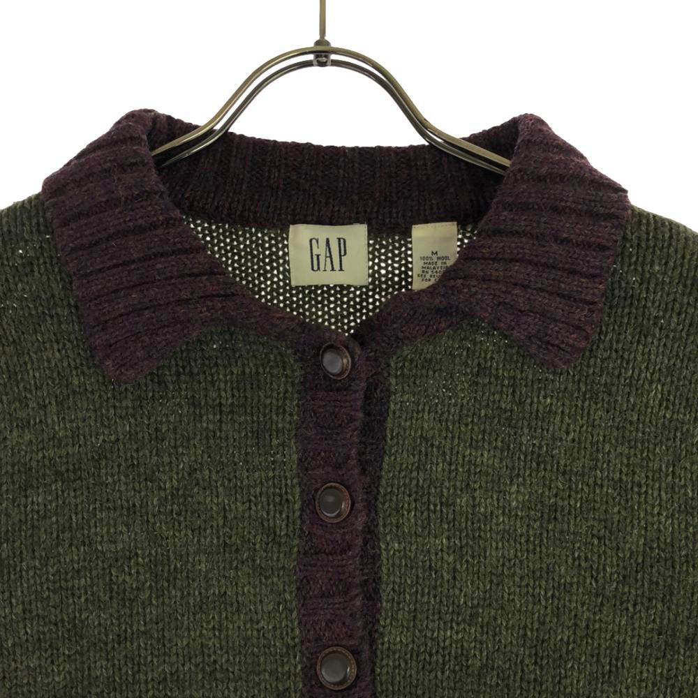 GAP ギャップ 90s ウール オールド 衿付き ニットカーディガン M グリーン×パープル レディース
