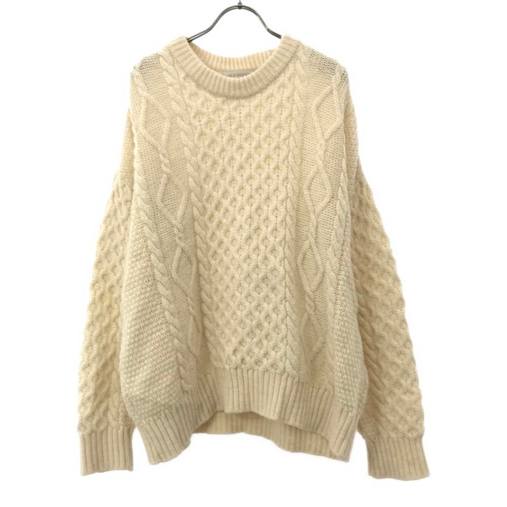 オールドダービー イギリス製 ウール 長袖 セーター _ ホワイト ケーブル編み ニット メンズ