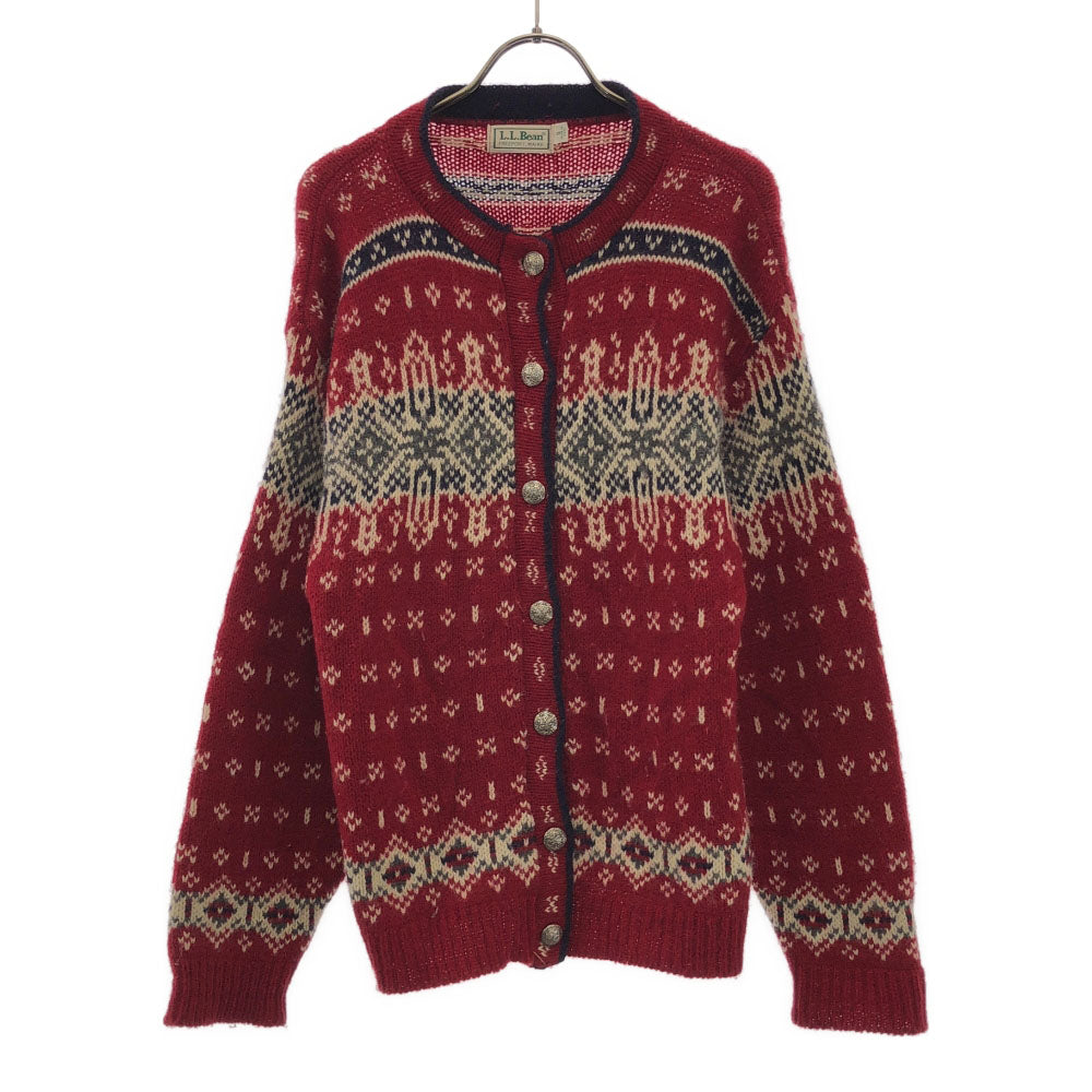 L.L.Bean エルエルビーン 80s USA製 ウールブレンド ヴィンテージ ノルディック柄 長袖 クルーネック ニットカーディガン S レッド系 コンチョボタン レディース