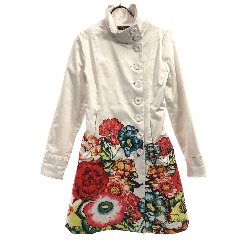 Desigual デシグアル ボタニカル ロゴ刺繍 スタンドカラー コート 36 ホワイト系 裏地付き ストレッチ入り レディース