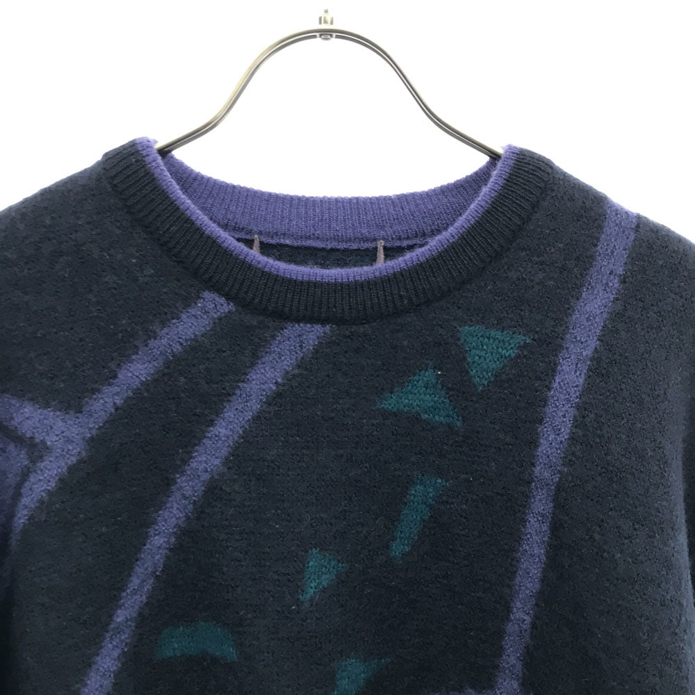 VINTAGE ヴィンテージ 80s ウールブレンド 総柄 長袖 クルーネック セーター 54 パープル×ネイビー ニット メンズ