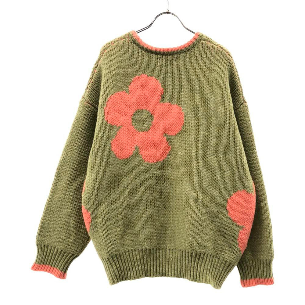 シーセム 花柄 長袖 セーター L グリーン系×オレンジ系 ニット レディース