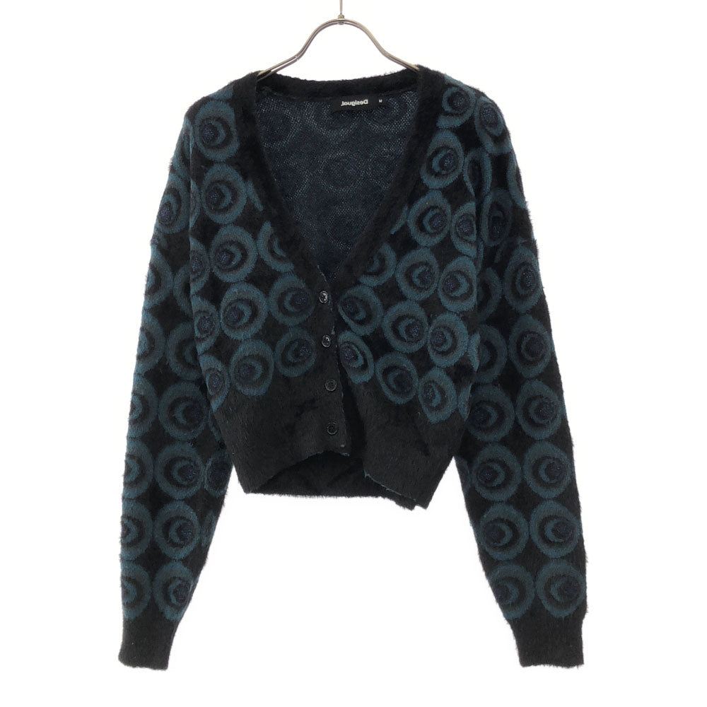 Desigual デシグアル 総柄 長袖 ニットカーディガン M ブラック×グリーン レディース