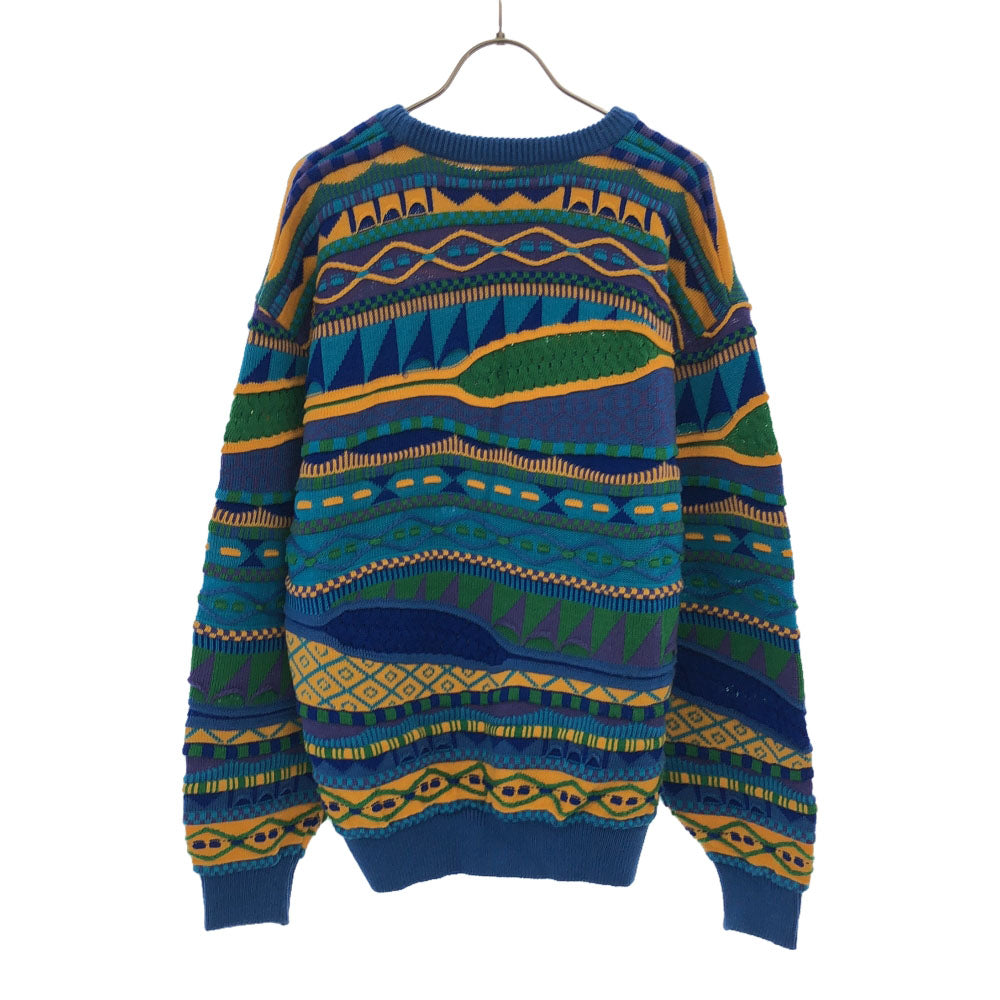 OLD オールド 90s 日本製 3D 総柄 長袖 ニット ブルー系 セーター メンズ