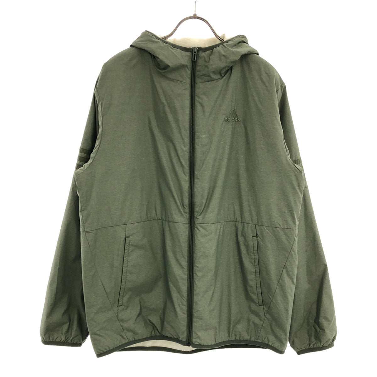 adidas アディダス ロゴ刺繍 長袖 ジップパーカー グリーン 裏ボア メンズ