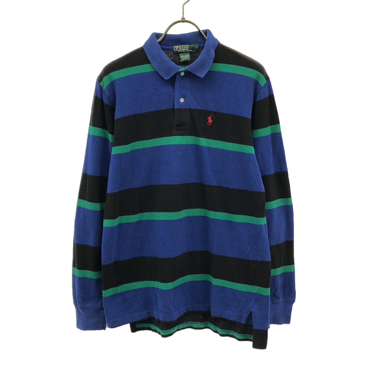 Polo by Ralph Lauren ポロバイラルフローレン 80s ヴィンテージ ボーイズ 緑タグ ボーダー 長袖 ポロシャツ L ブルー系 鹿の子 メンズ