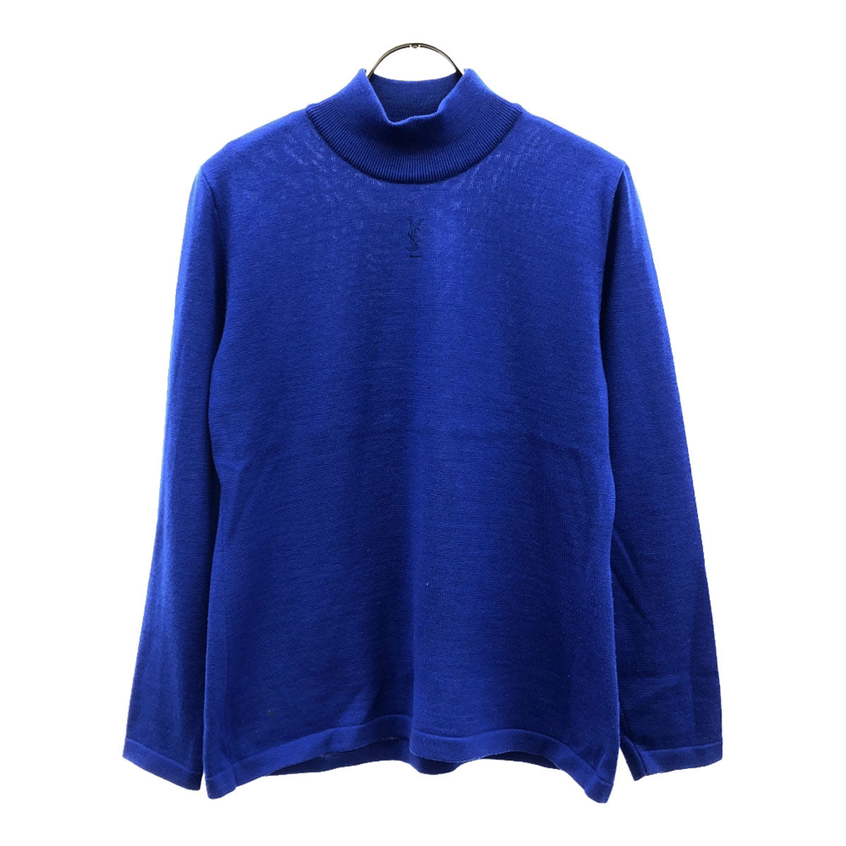 YVES SAINT LAURENT イヴサンローラン 90s ウール100% オールド ロゴ刺繍 長袖 モックネック ニット M ブルー セーター レディース